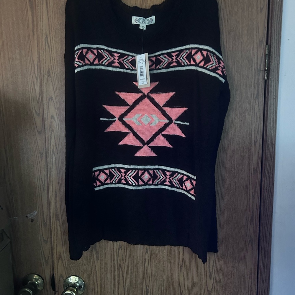 Pink Rose Black Sweater with Pink Aztec Motif